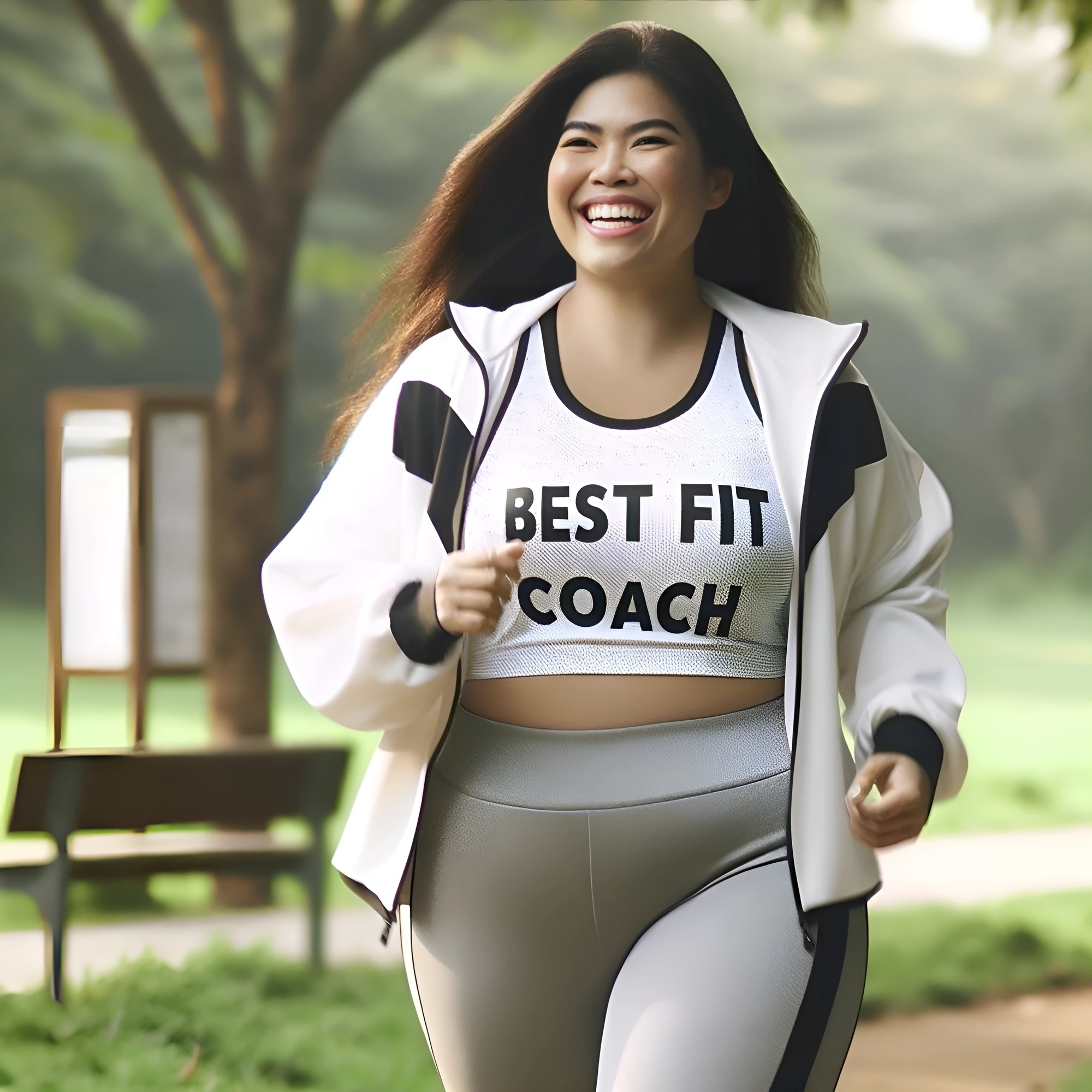 Smiling woman jogging in park wearing "Best Fit Coach" top, representing personalized coaching and holistic well-being