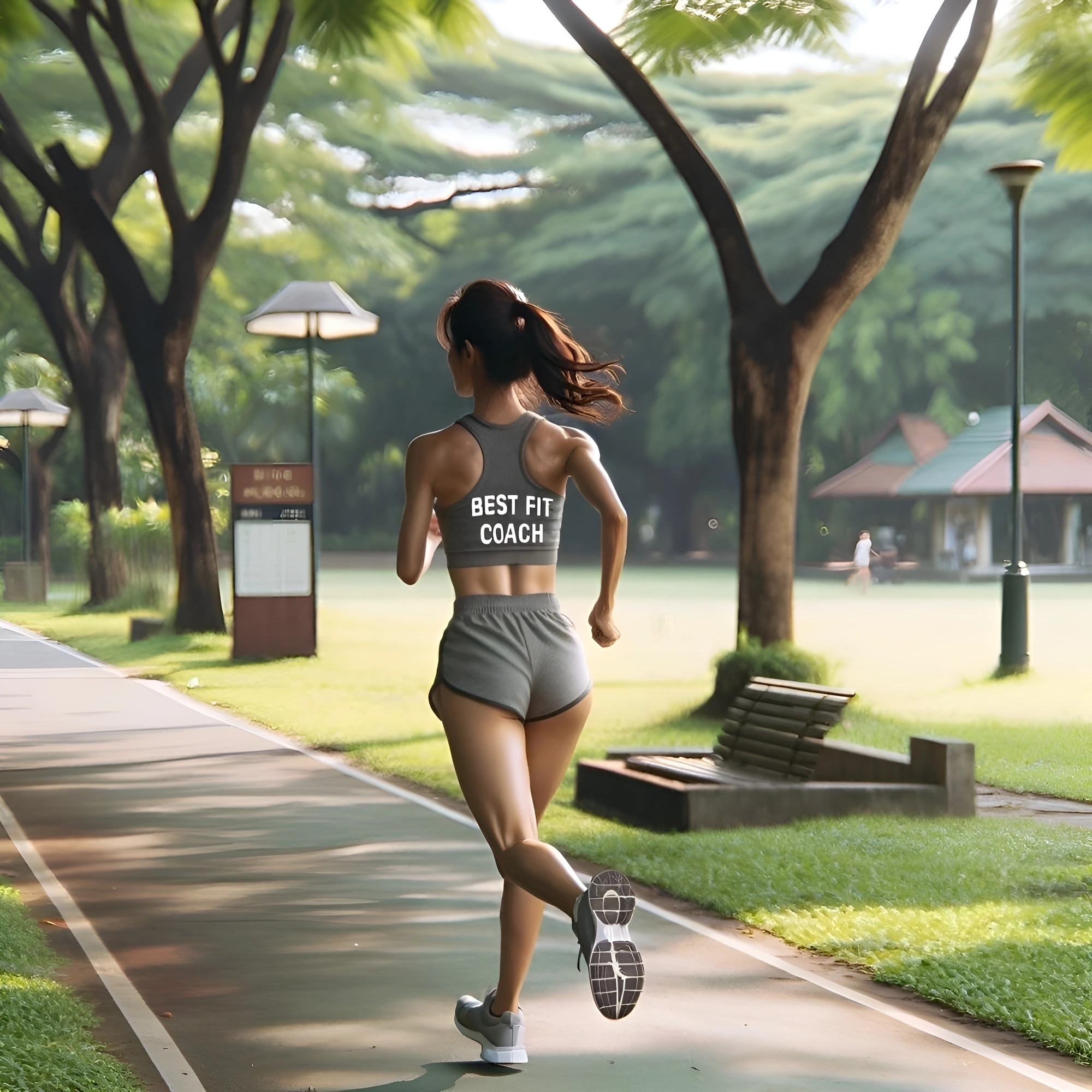 Jogger with 'Best Fit Coach' top on park path, promoting AI fitness coach and personalized workout plans for introverts.