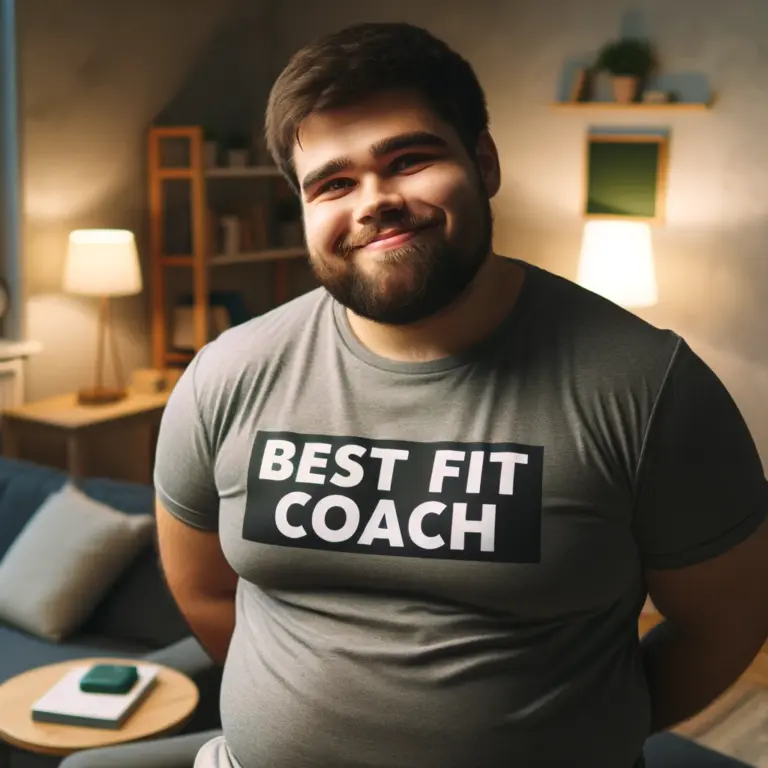 A chubby man with a smiley yet determined expression, wearing a T-shirt with the 'Best Fit Coach' logo. He is in a comfortable, quiet room, ready to c