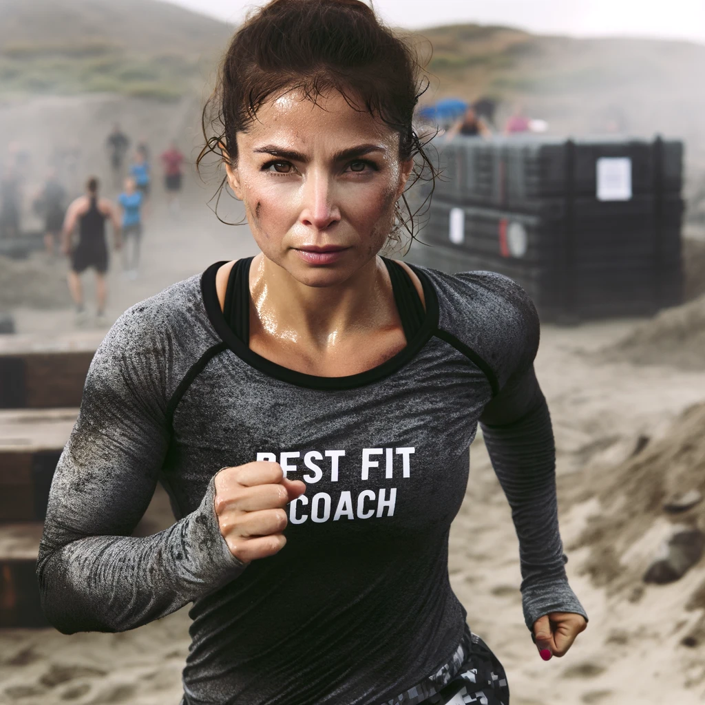 Focused woman running in Best Fit Coach fitness gear, representing personalized coaching and holistic well-being in digital fitness solutions.